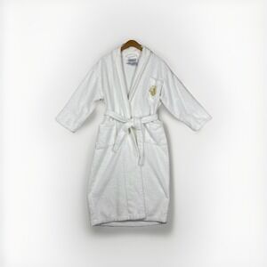 Vtg Oleg Cassini Terrycloth Robe Unisex OS 100% Cotton White Pocket Crest Logo